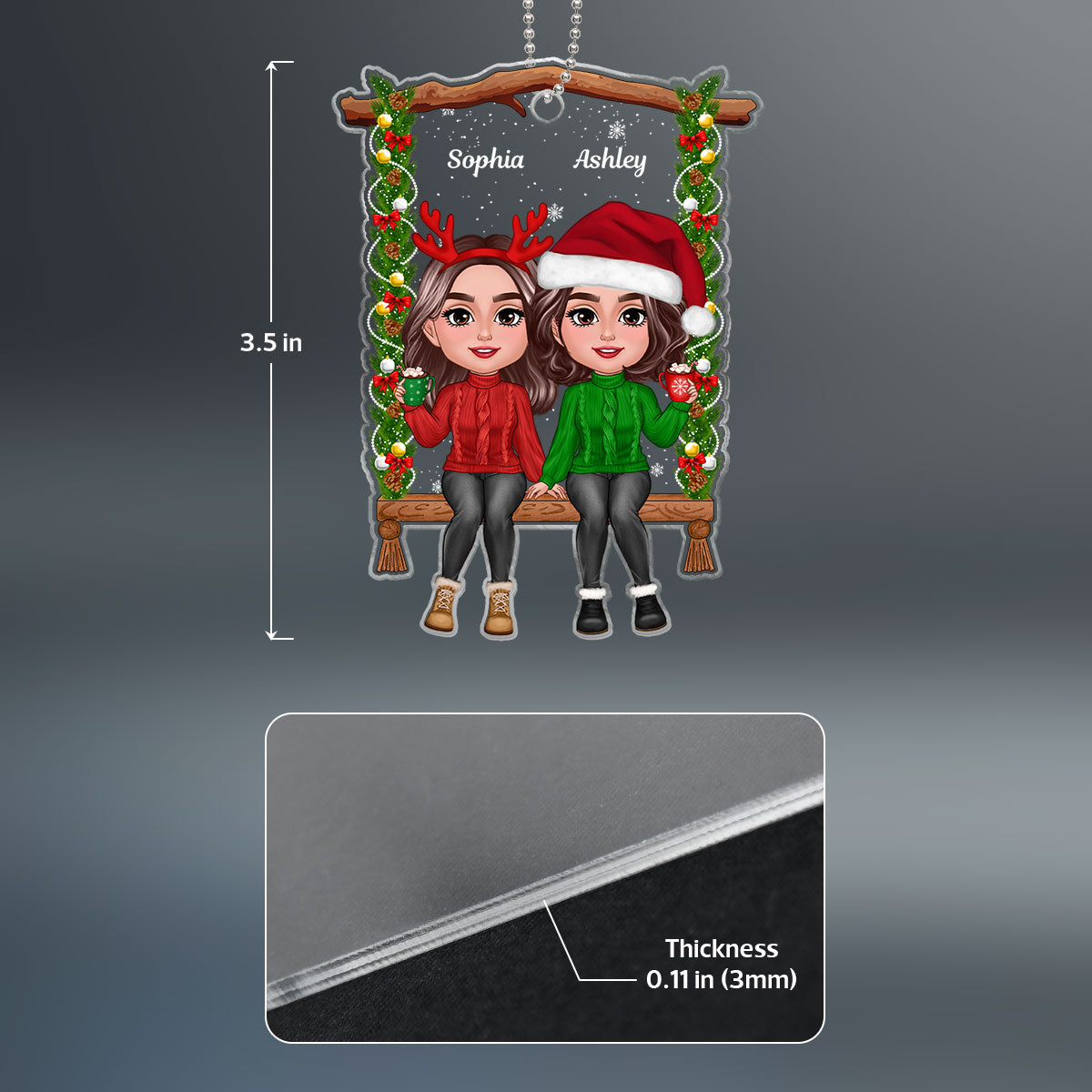 Besties Sisters Sitting On Christmas Swing Personalized Acrylic Ornament