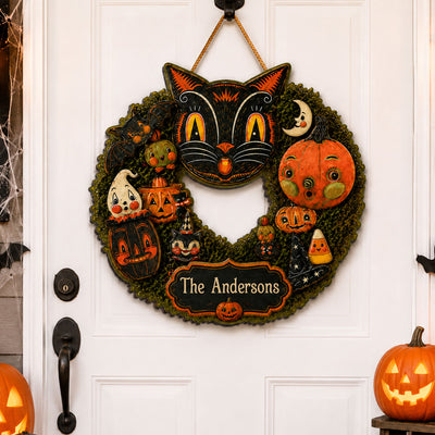 Retro Vintage Nostalgic Halloween Black Cats Pumpkin - Personalized Wood Sign - Halloween Decor For Family