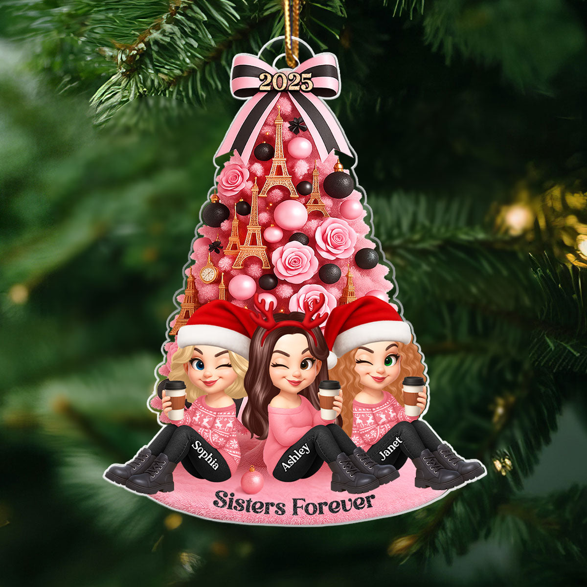 Besties Pink Christmas Tree Acrylic Ornament, Gift for Best Friends, Sisters
