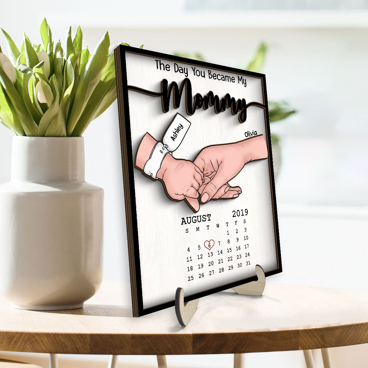 The Day You Became My Mommy Baby Birthday Calendar Personalized 2-Layer Wooden Plaque