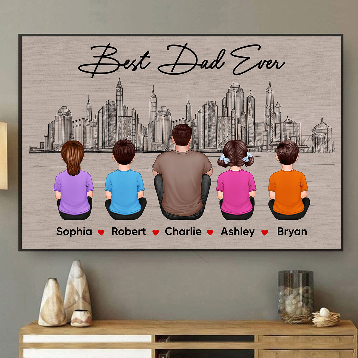 Skyline Family Sitting Back View Personalize Poster, Father's Day gift for Husband, for Dad, for Grandpa