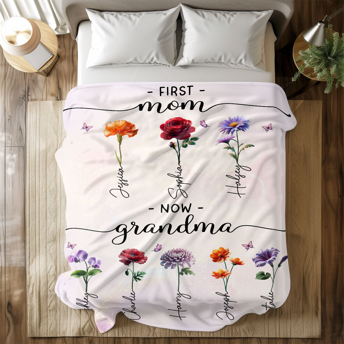 First Mom Now Grandma Beautiful 3D Effect Birth Month Flowers Personalized Fleece Blanket