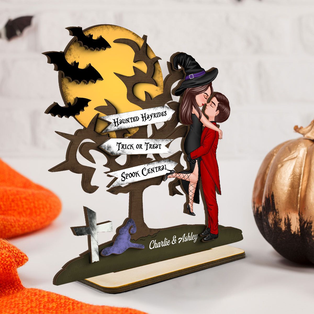 Halloween Couple Kissing Sign Personalized 2-Layer Standing Wooden Plaque