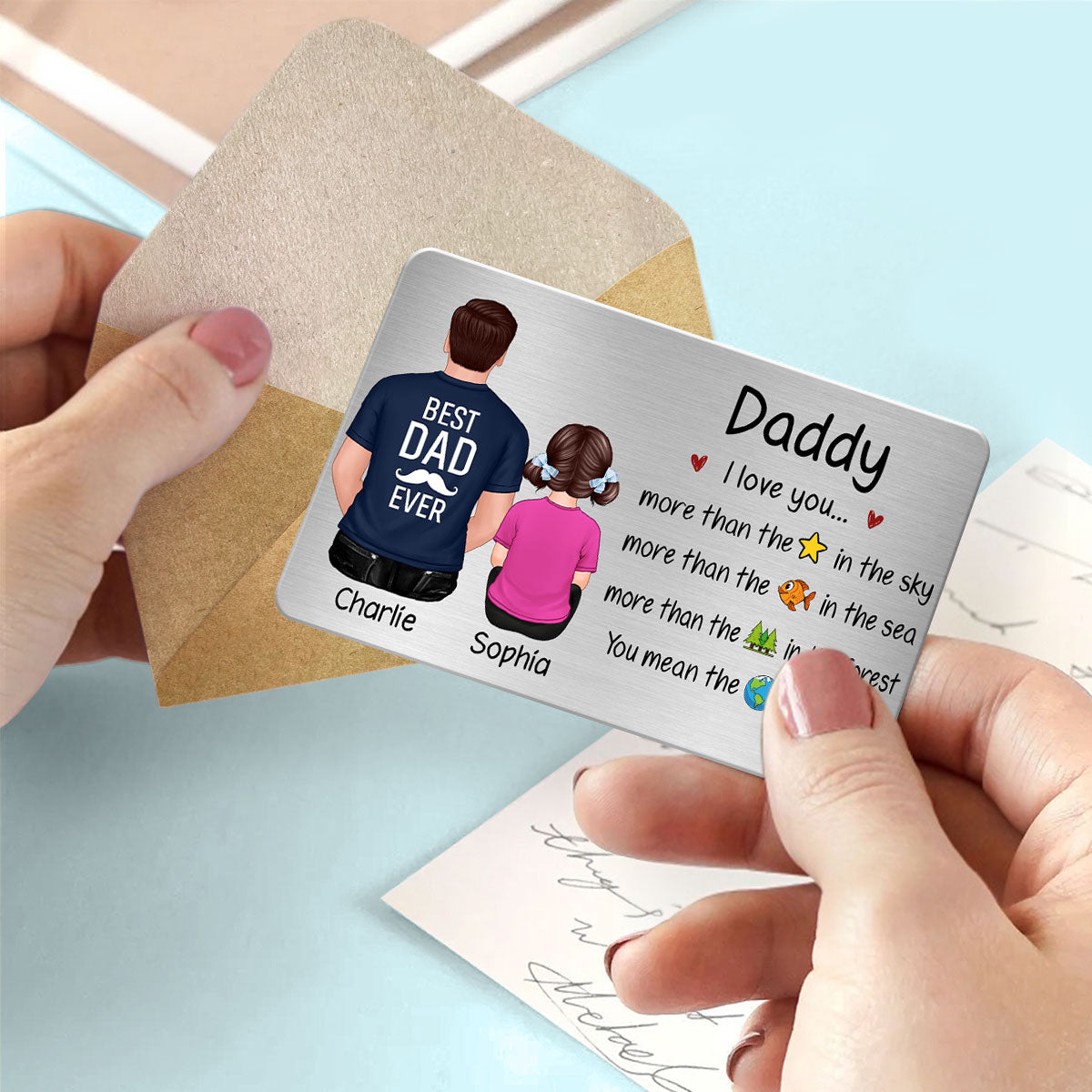 We Love You More Dad & Kids Back View Personalized Metal Wallet Card