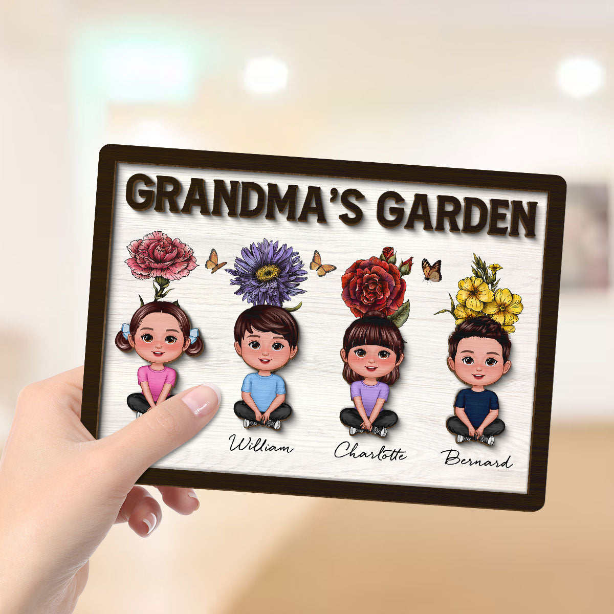 Grandma‘s Garden Grandkids With Birth Flower Behind Personalized 2-Layer Wooden Plaque
