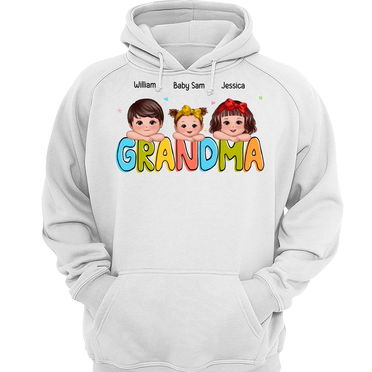 Colorful Grandma With Kids Chin On Hand Personalized Shirt