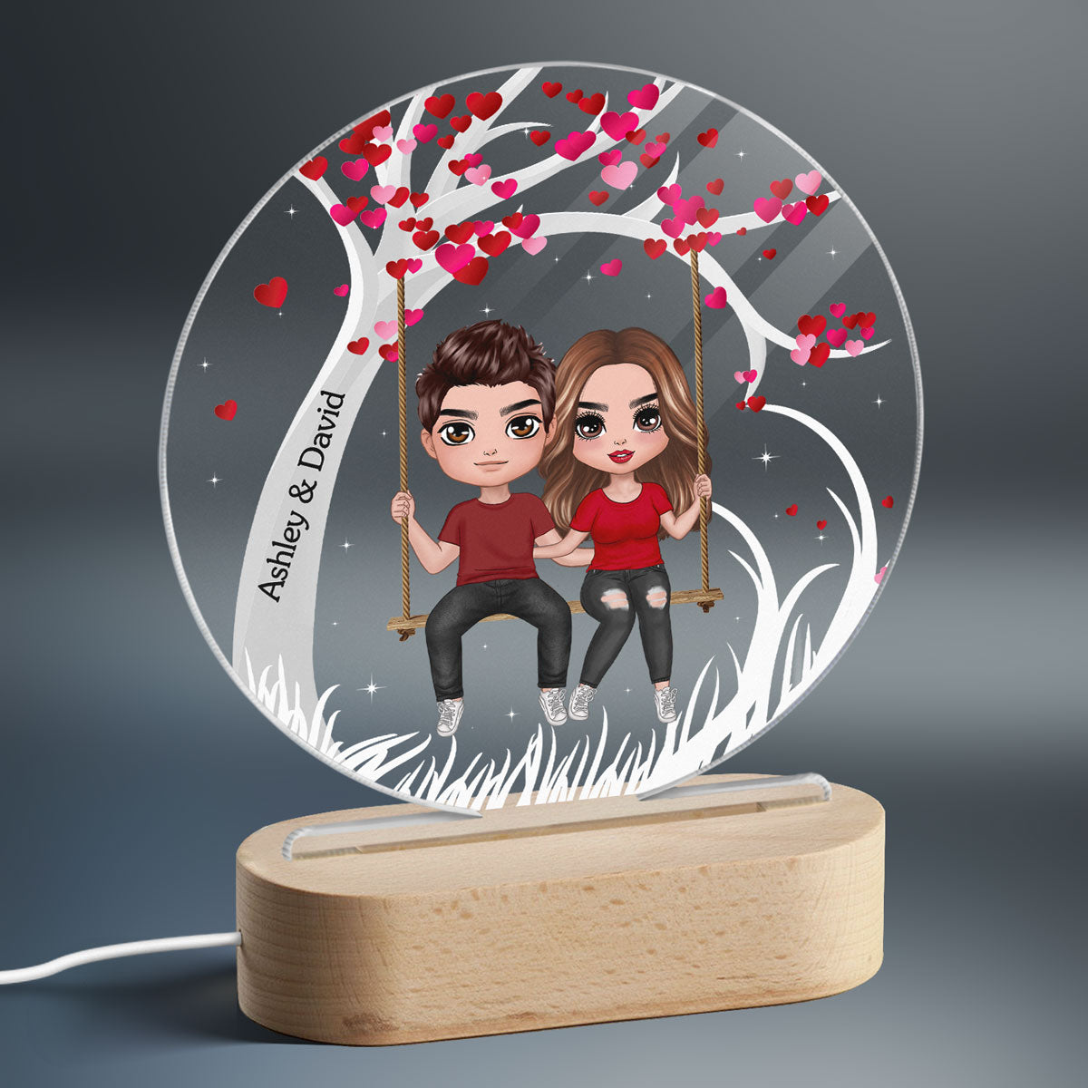 Couple Sitting On Swing Personalized Acrylic Circle LED Lamp Night Light