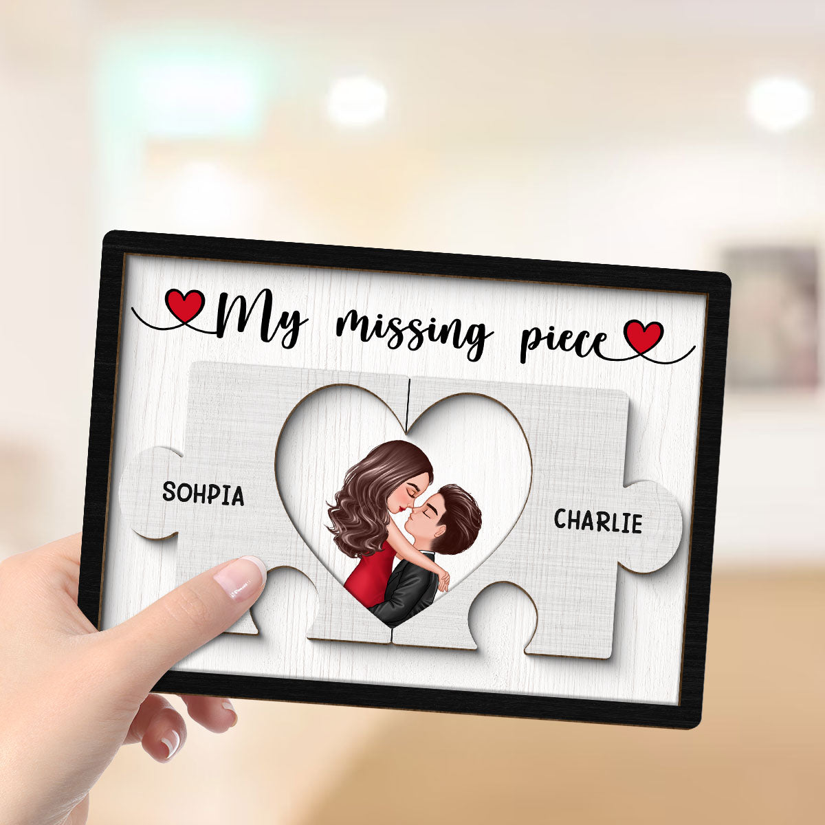 Couple Kissing Missing Piece In Puzzles Personalized 2-layer Wooden Plaque, Valentine‘s Day Gift For Him, For Her