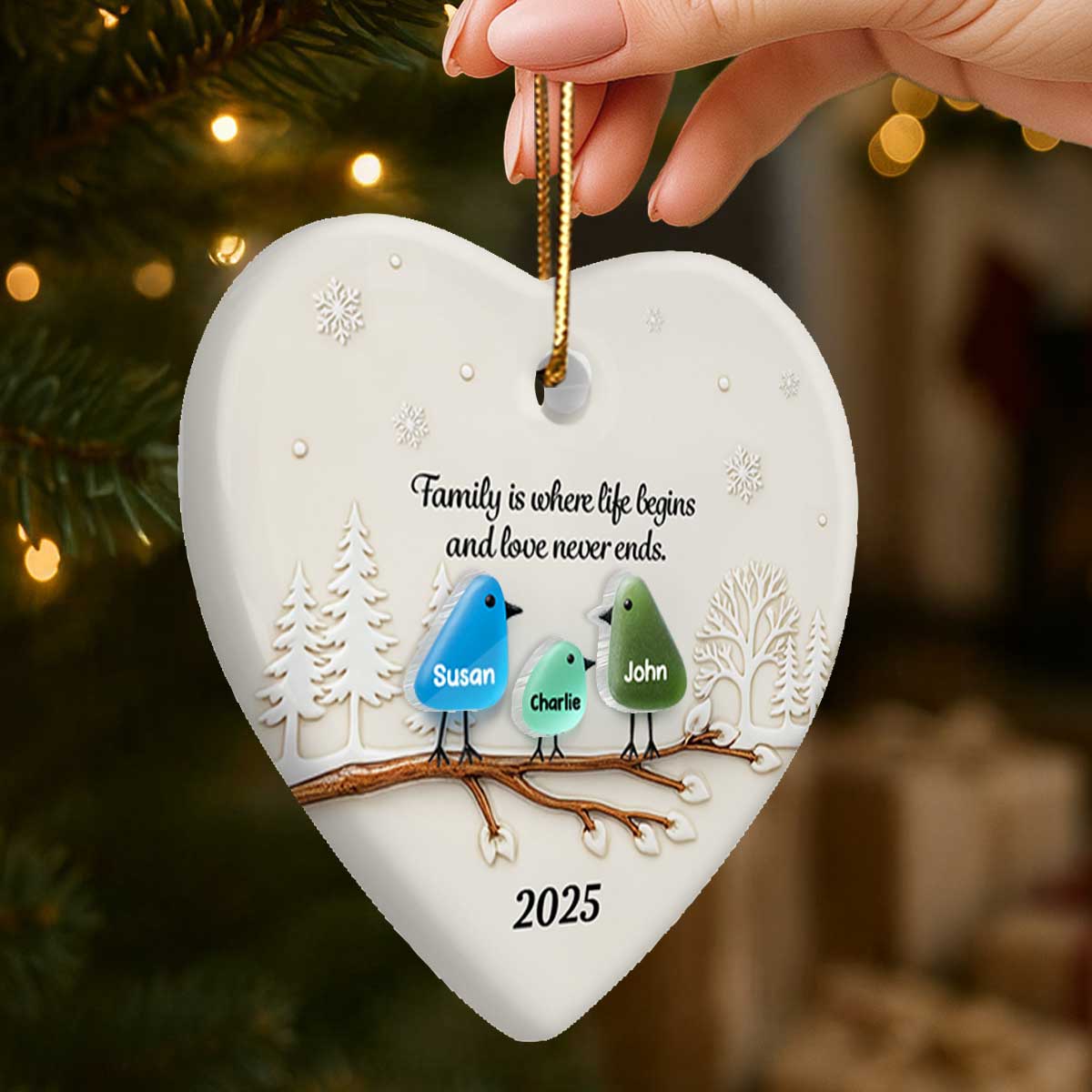 Family Birds Sea Glass Pattern - Personalized Ceramic Ornament With Acrylic - Heartwarming Festive Christmas Gift, Decor