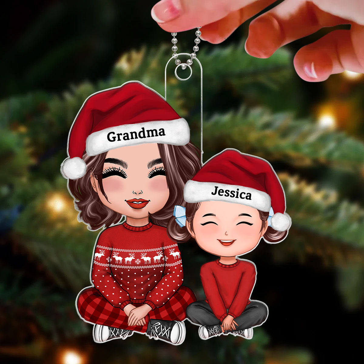 Cute Grandma Grandson Granddaughter Happy Face Crossed Legs Personalized Acrylic Ornament