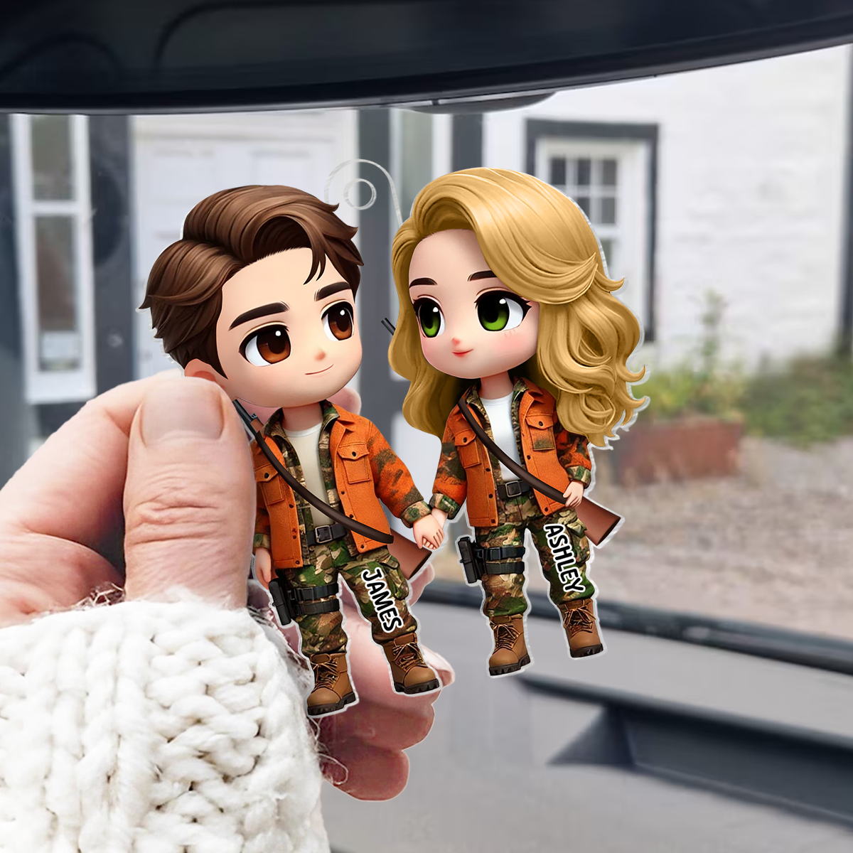 3D Effect Cute Cartoon Couple Hunting Personalized Acrylic Car Hanger, Anniversary &  Gift for him, Gift for her