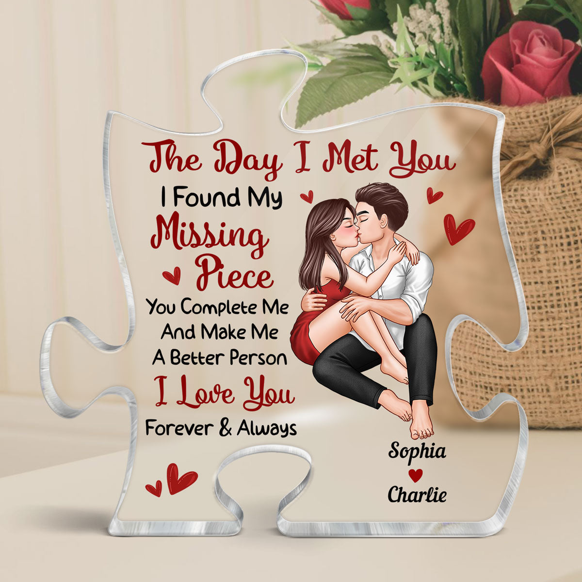 Couple Kissing The Day I Met You Personalized Puzzle Acrylic Plaque