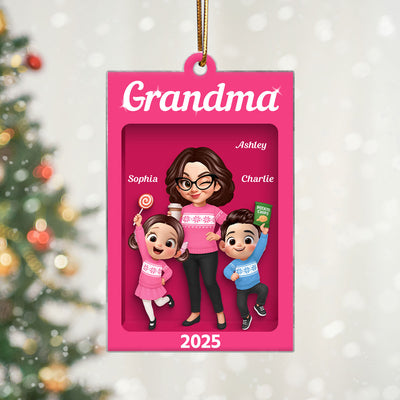 Cute Grandma And Grandkids Action Figure Personalized Acrylic Ornament - Unique Christmas Gift For Grandma