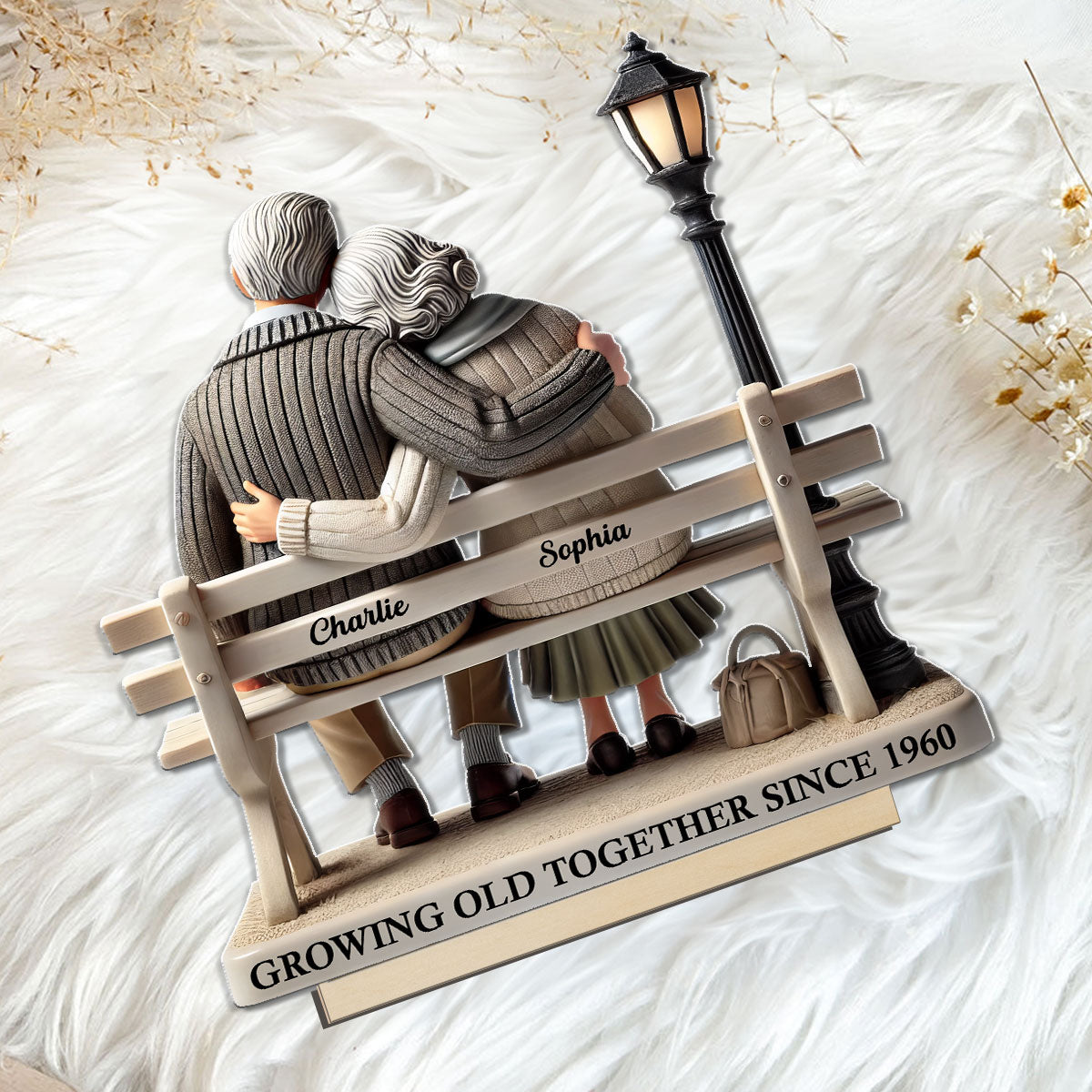 3D Effect Old Couple Sitting On Bench At The Park Personalized Standing Wooden Plaque, Heartfelt Gift For Couple, For Him, For Her, Husband, Wife