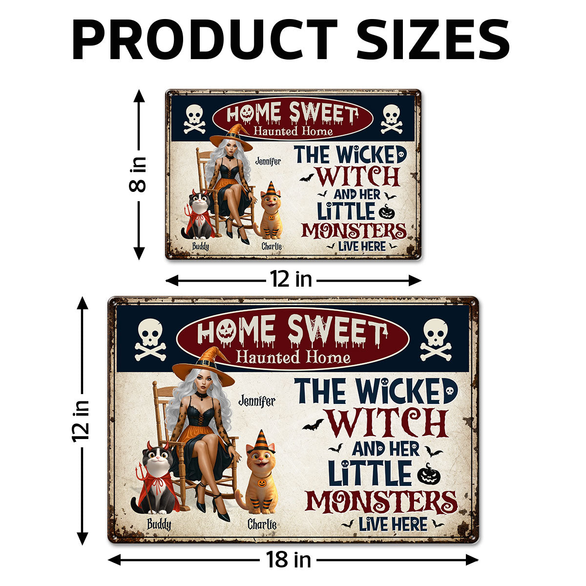 Warning A Wicked Witch and Her Little Monsters Live Here Personalized Metal Sign, Halloween Decor for Cat Lovers