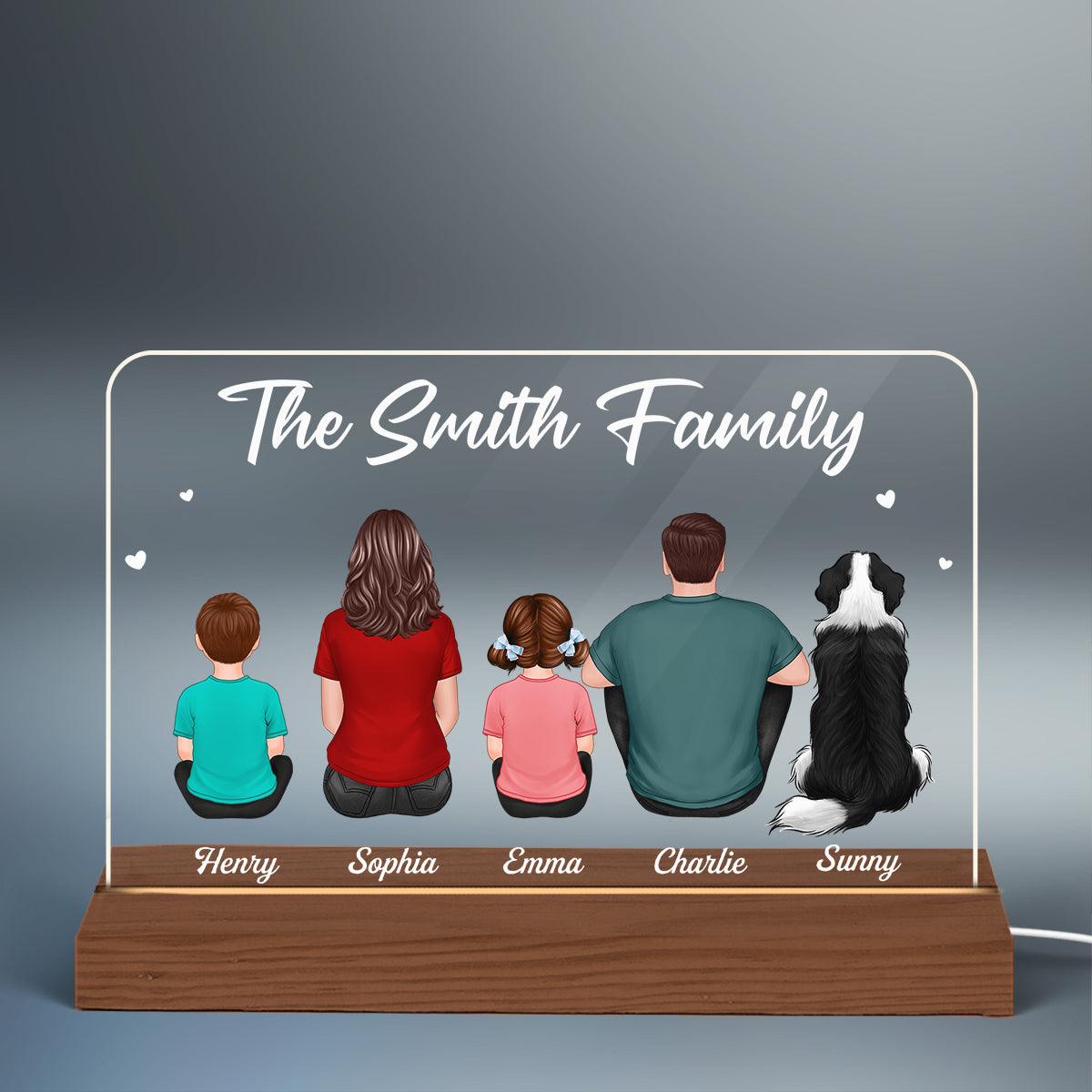 Whole Family Back View Couple Dad Mom Kids Dogs Cats Sitting - Personalized Acrylic LED Night Light