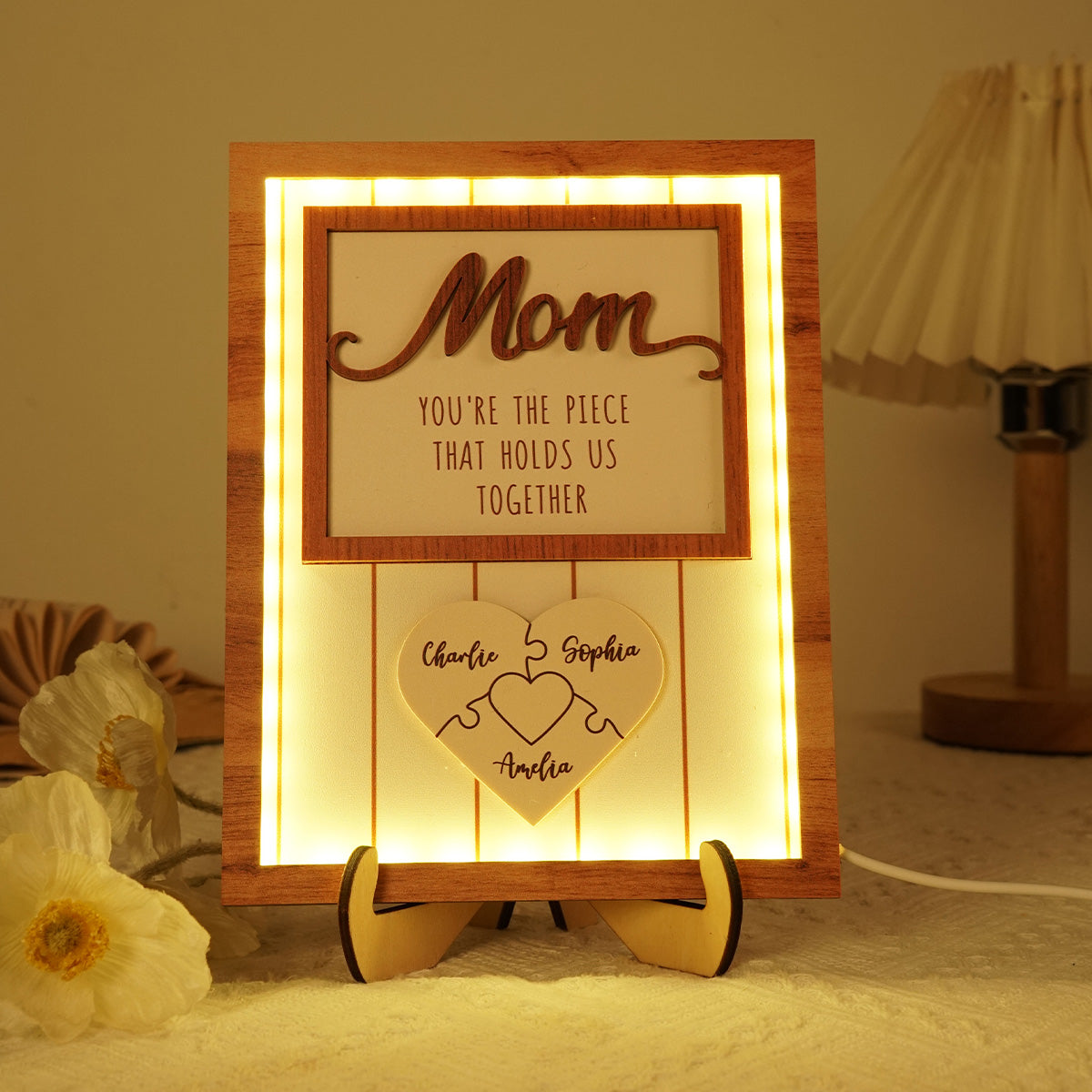 Mom You're The Piece that Holds Us Together Personalized 2-Layered Wooden Plaque with LED, Heartfelt Gift for Mom, Grandma