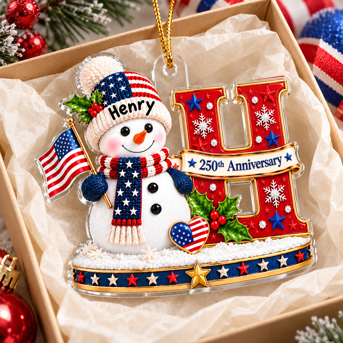 Patriotic Snowman Initial Custom Name 2D Flat - Personalized Acrylic Ornament - USA 250th Anniversary Keepsake