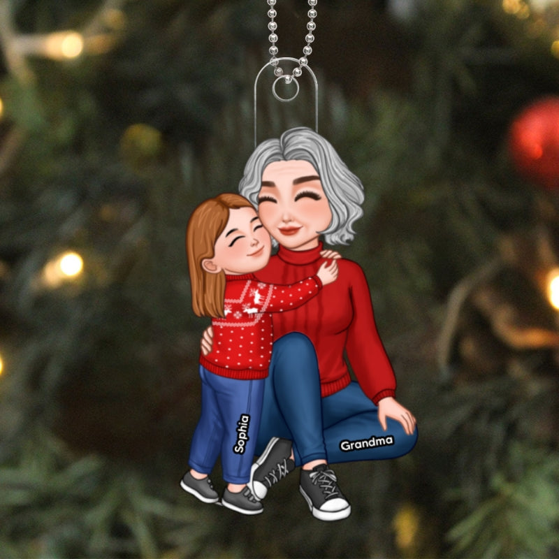 Grandma & Grandkid Hugging Sitting Christmas Gift For Granddaughter Grandson Personalized Acrylic Ornament