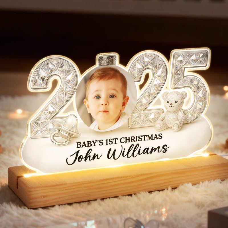 Baby Photo 2025 First Christmas - Personalized LED Night Light - Christmas Gift for New Parent, Newborn Keepsake