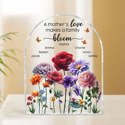 A Mother's Love Makes A Family Bloom 3D Effect Birth Month Flower Personalized Acrylic Block Plaque, Gift For Mom
