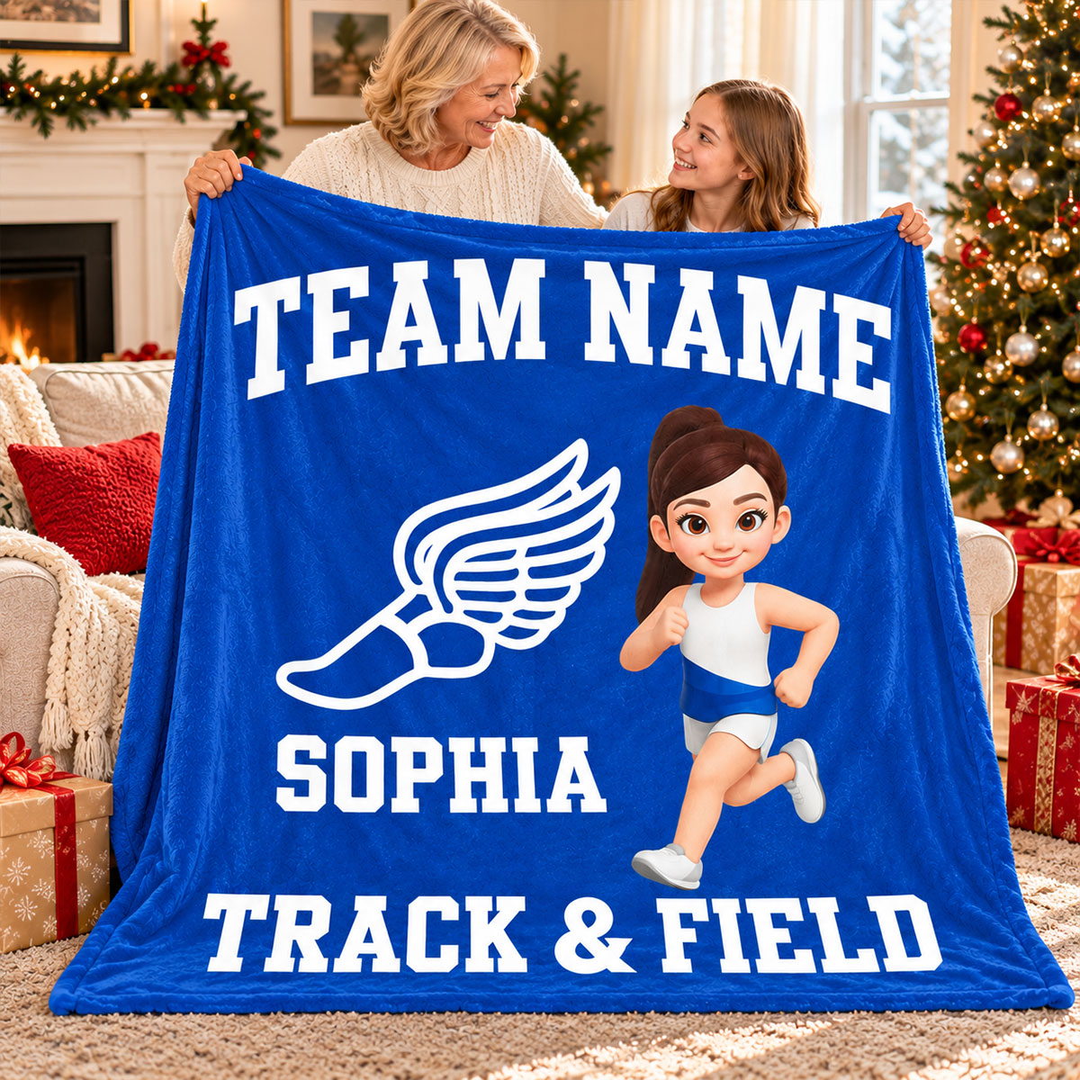 Track & Field Boy Girl Custom Name And Team Name - Personalized Fleece Blanket - Christmas Gift For Grandson, Son, Granddaughter, Daughter
