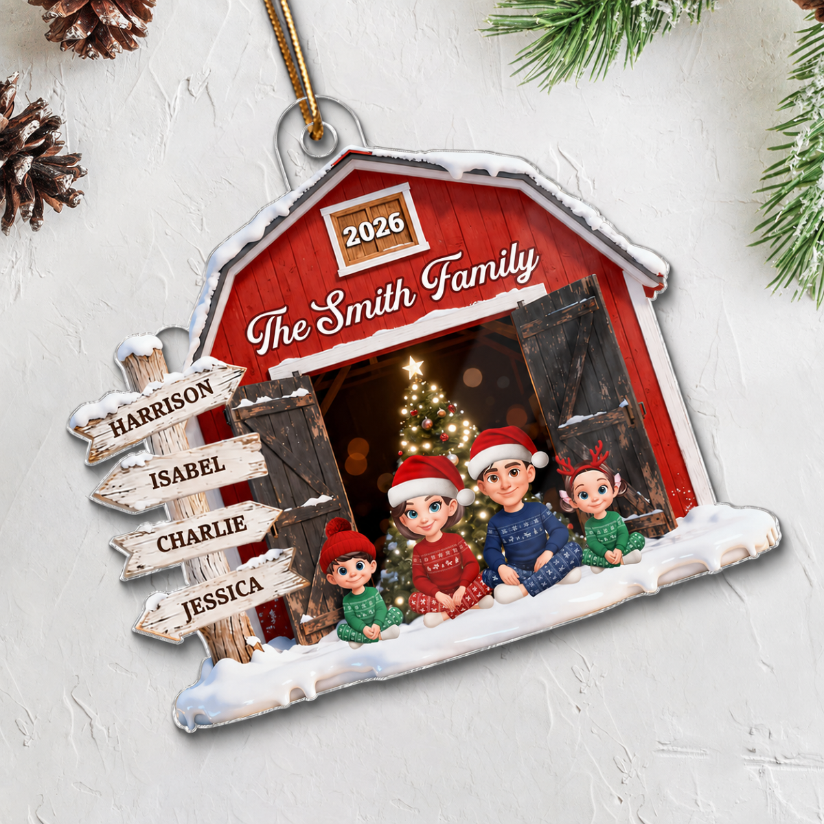 3D Effect Christmas Nostalgia Barn House Family Sign Posts Family Together - Personalized Acrylic Ornament - Gift For Family, Farmhouse Decor