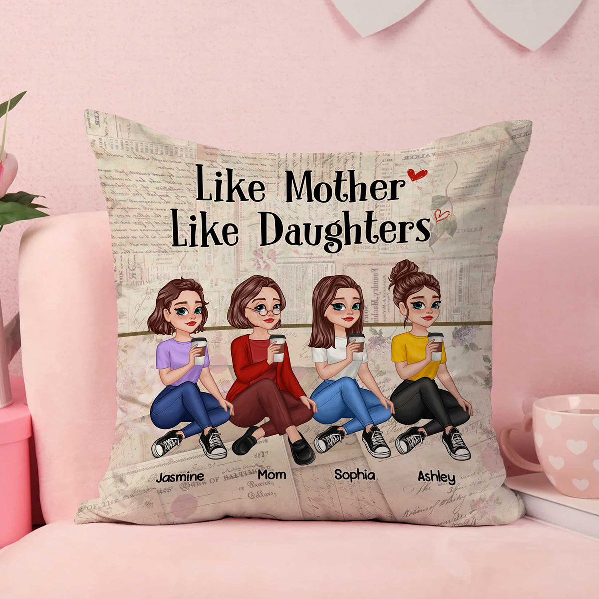 Floral Old Paper Pretty Cartoon Mother Daughter Sitting Personalized Pillow