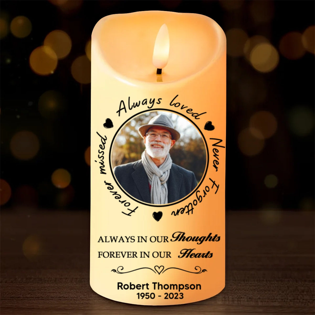 Always Loved Never Forgotten Memorial Personalized LED Candle, Custom Photo Sympathy Gift