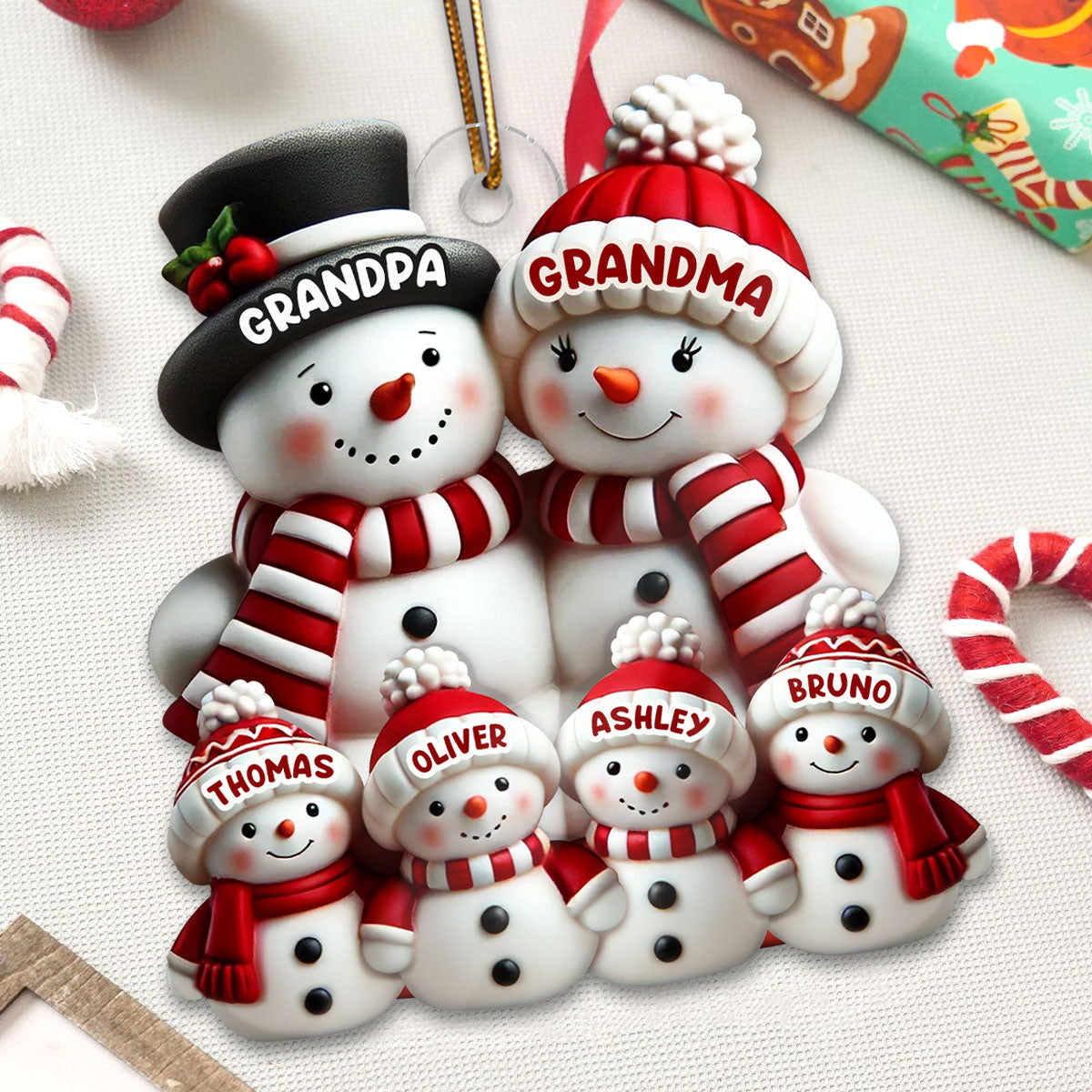 3D Effect Cute Snowman Family Christmas Decor - Personalized Acrylic Ornament