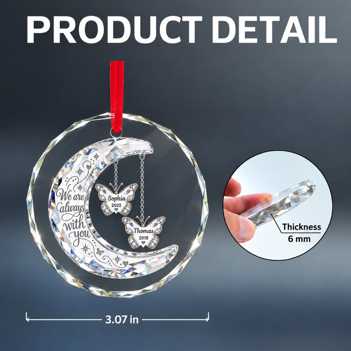 Always With You Memorial Crystal Moon & Butterfly Ornament 2D Flat - Personalized Glass Ornament - Sympathy Gift