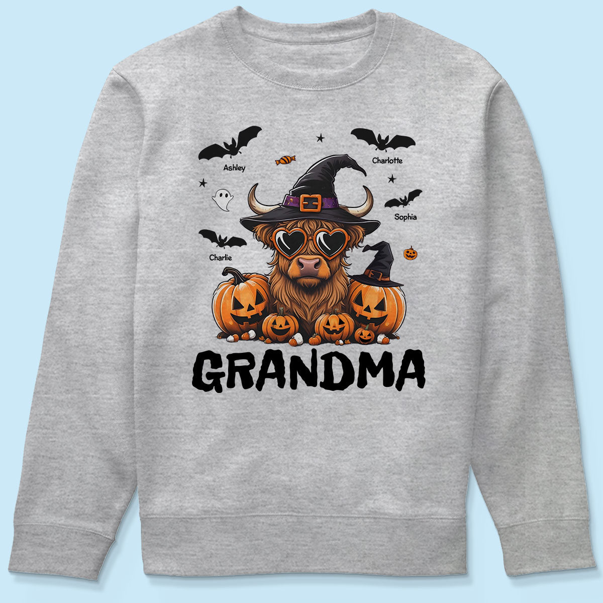 Grandma Halloween Highland Cow & Bats Kids Personalized Shirt, Gift For Grandma