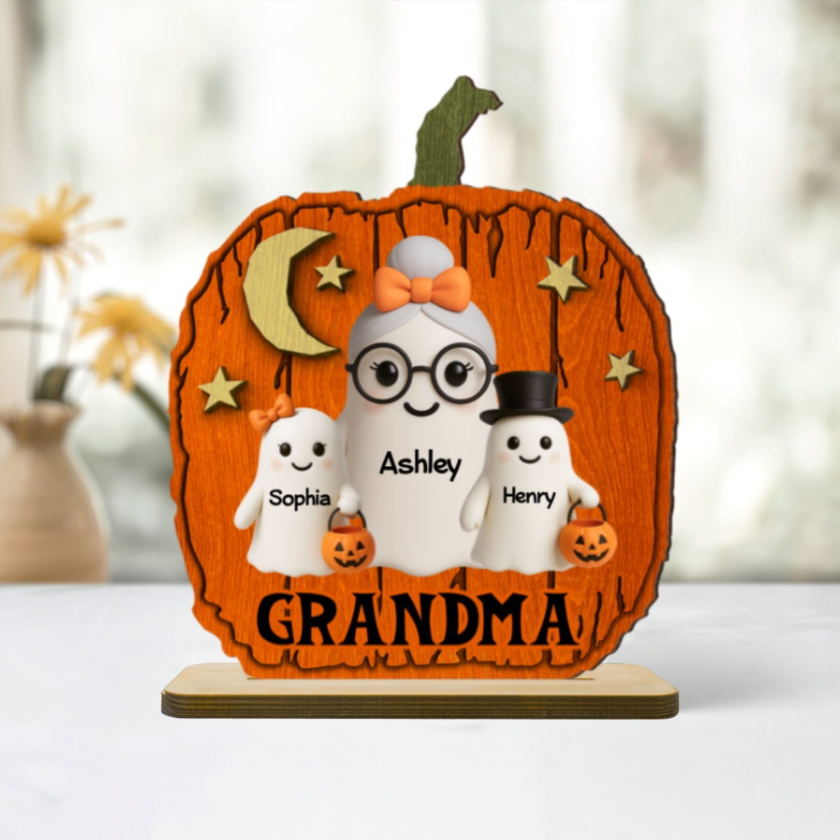 Halloween Grandma Grandkids Boo Pumpkin Shaped Pesonalized 2-Layer Standing Wooden Plaque, Tabletop Tier Tray Decor