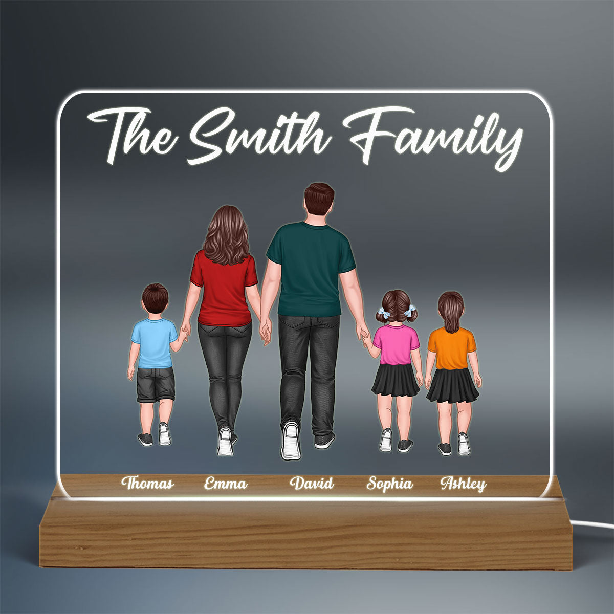Whole Back View Family Walking Couple Dad Mom Kids Dogs Cats Personalized Custom Shape Acrylic Plaque Warm LED Night Light
