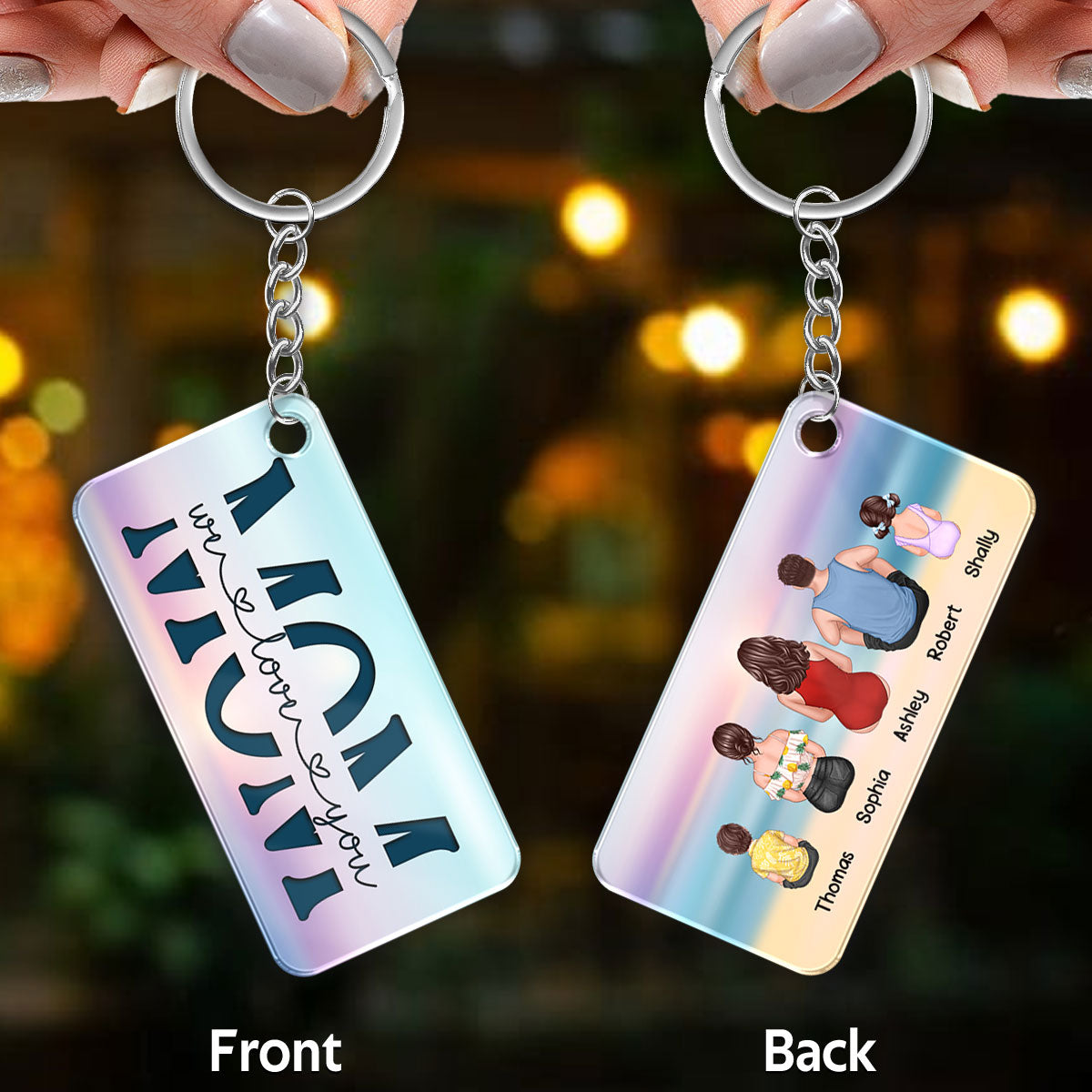 Mom We Love You Summer Vibe Back View Woman Kid Dog Cat Personalized Acrylic Keychain
