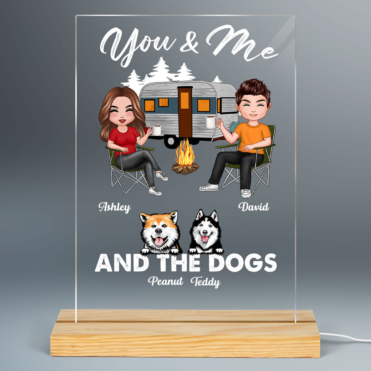 Couple And Dogs Camping Personalized Rectangle LED Night Light - Acrylic LED Lamp, Valentine‘s Day Gift For Her, Gift For Him