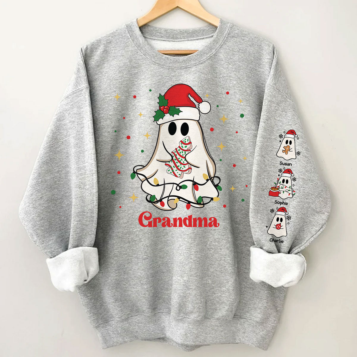 Christmas Cute Boo Grandma Grandkids Personalized Sleeve Printed Sweatshirt