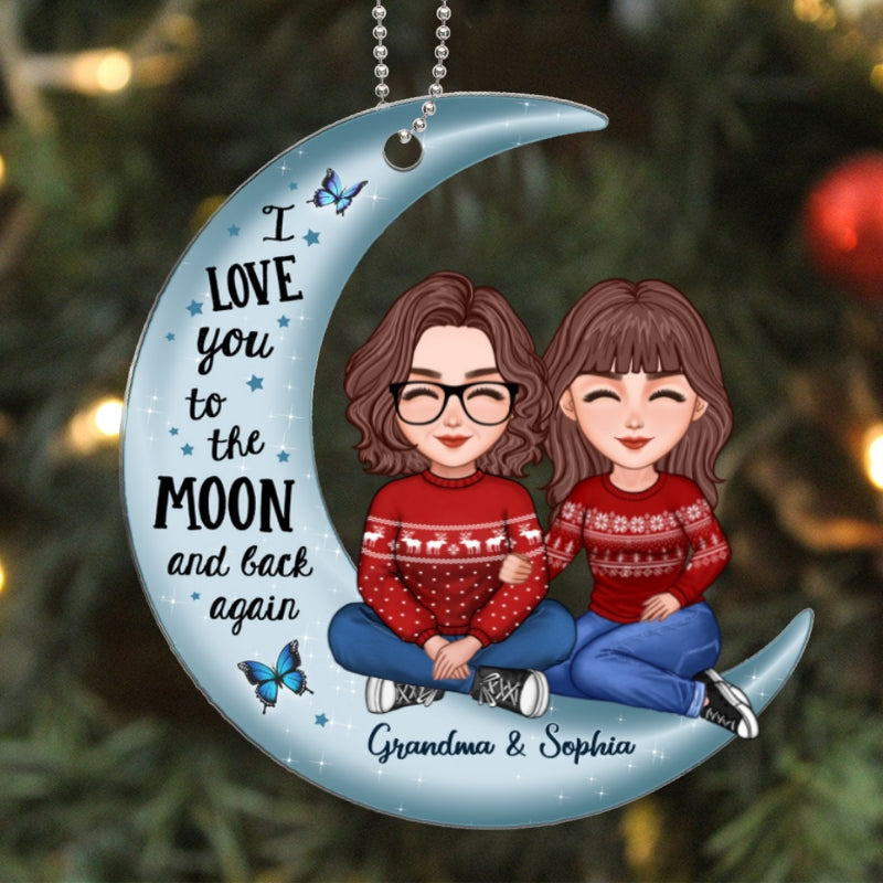 Cute Grandma & Teenage Grandkid Granddaughter Grandson On Moon Personalized Acrylic Ornament