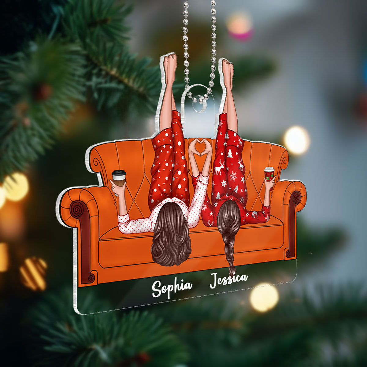 Friends Sisters Besties Lying On Couch Personalized Acrylic Ornament, Christmas Gift