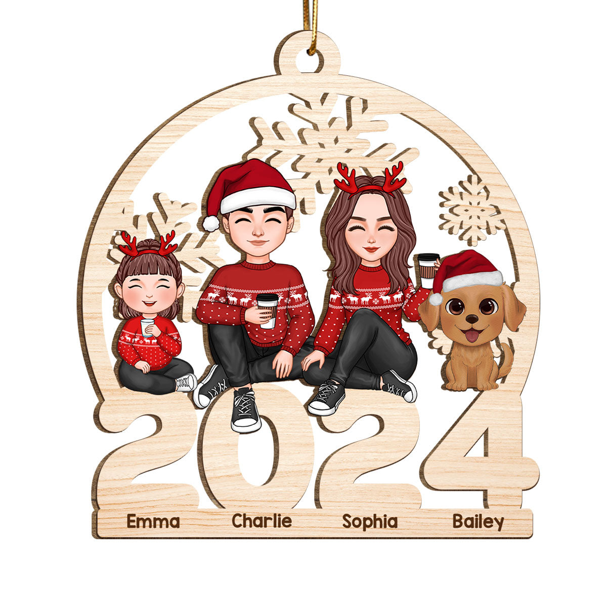 Cute Family Dad Mom Kid Dog Cat Sitting On 2024 Cut-through Personalized Wooden Ornament
