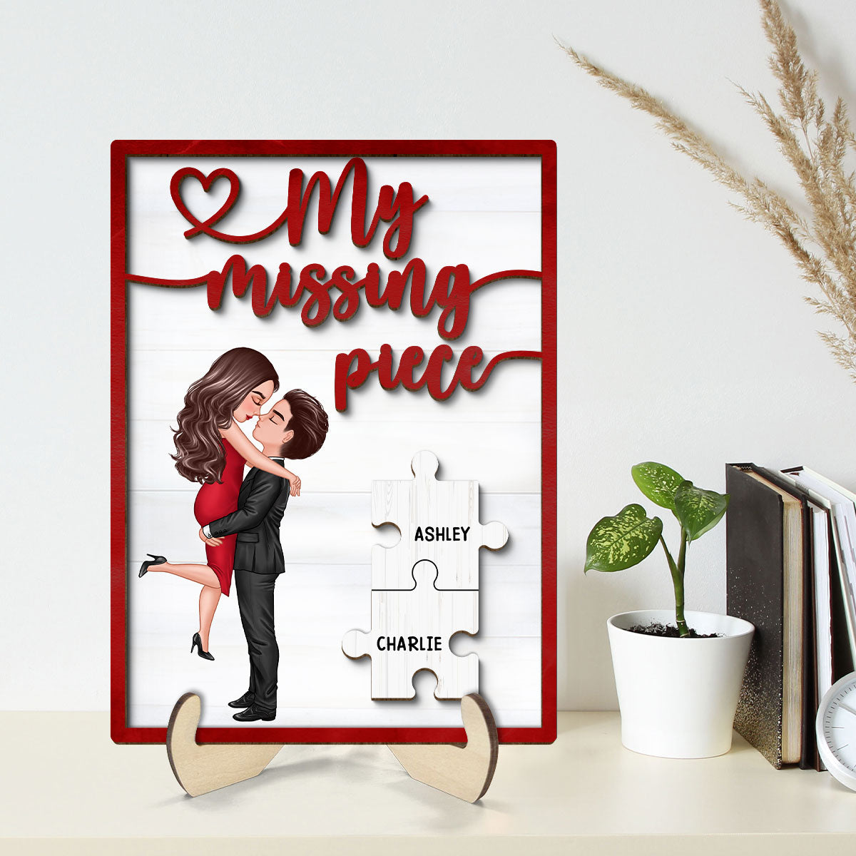 My Missing Piece Couple Hugging Kissing Red Valentine‘s Day Gift For Her Gift For Him Personalized 2-Layer Wooden Plaque