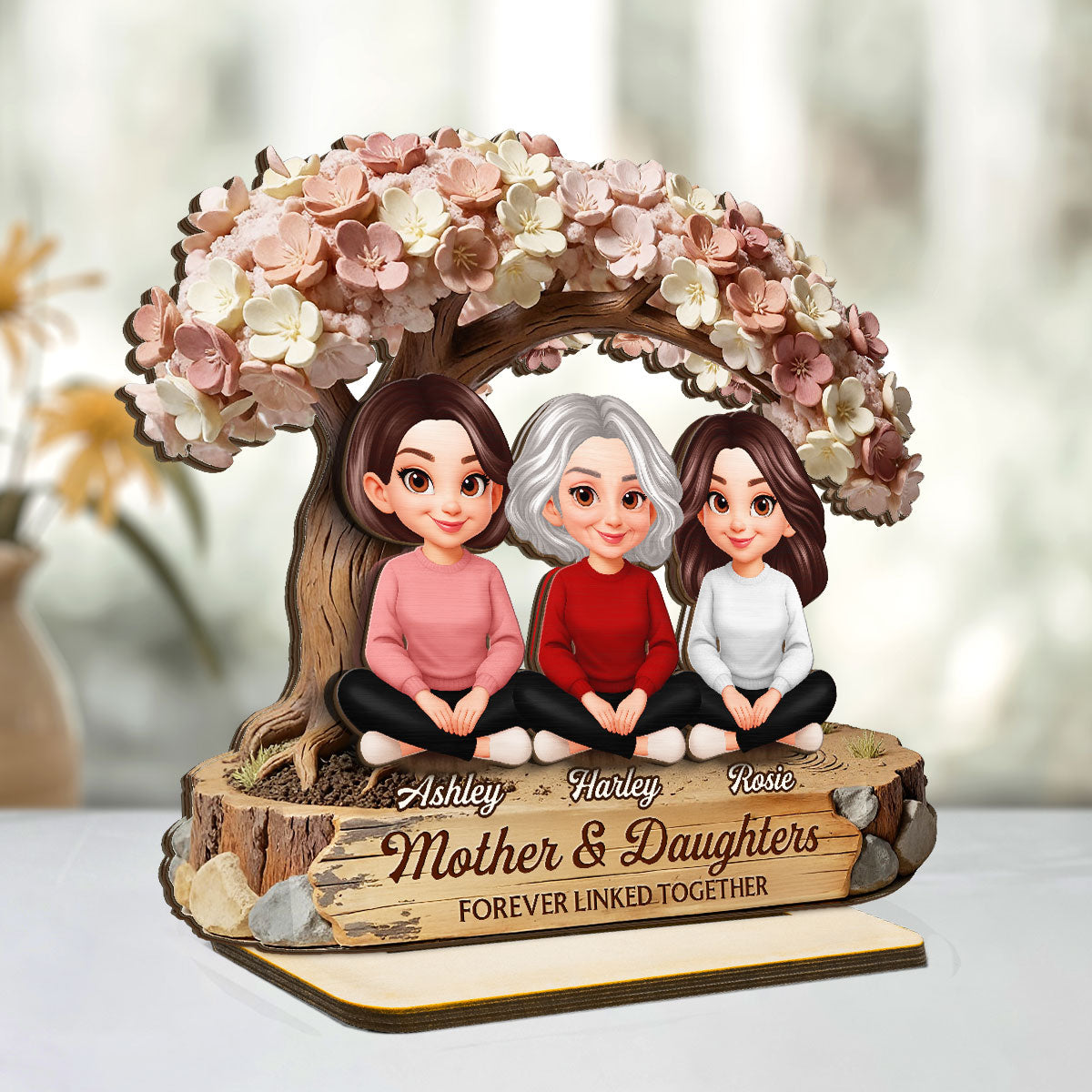 Mom And Daughter Son Under Blossom Tree - Personalized 2-Layered Wooden Plaque - Gift For Mom