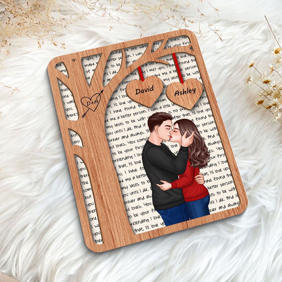 Romantic Couple Under Tree Letters Background Personalized 2-Layer Wooden Plaque