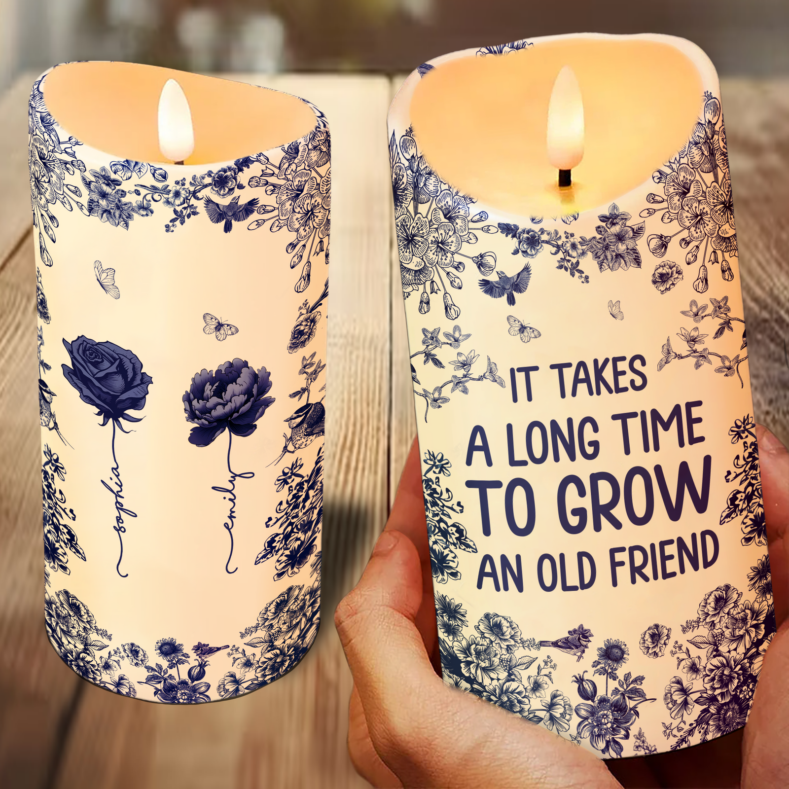 Chinoiserie Besties It Takes A Long Time To Grow Old Friends Personalized LED Candle