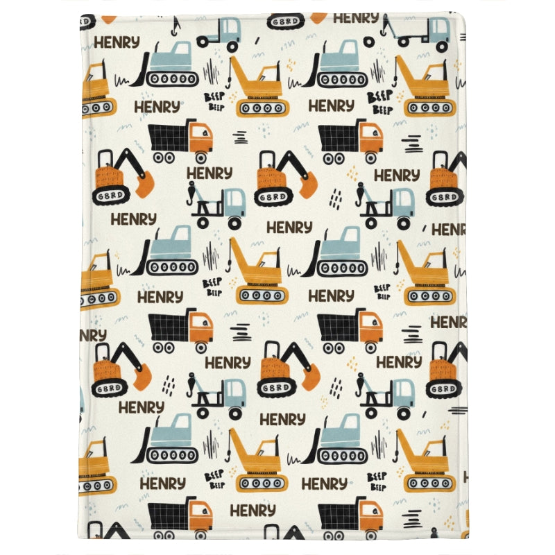 Construction Vehicle Custom Baby Name - Personalized Fleece Blanket - Nursery Construction Theme For Baby Boy