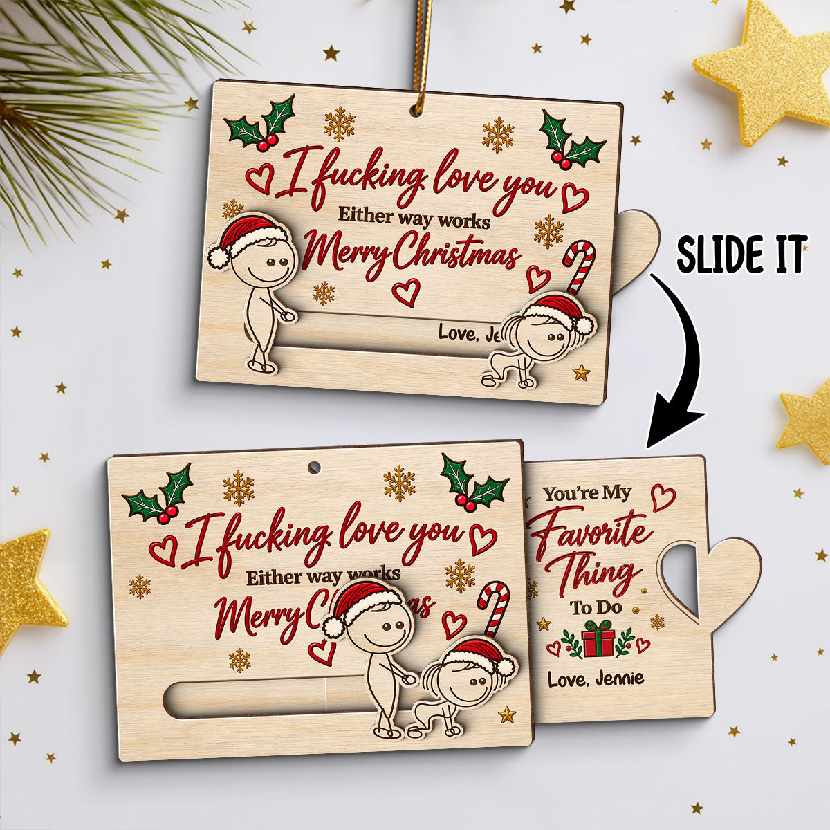 I Fcking Love You Funny Inappropriate Couple - Personalized Wooden Slider Ornament - Funny Christmas Gift For Him, For Her, For Husband, Wife