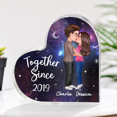 Doll Couple Kissing In Galaxy Night Personalized Heart Acrylic Plaque
