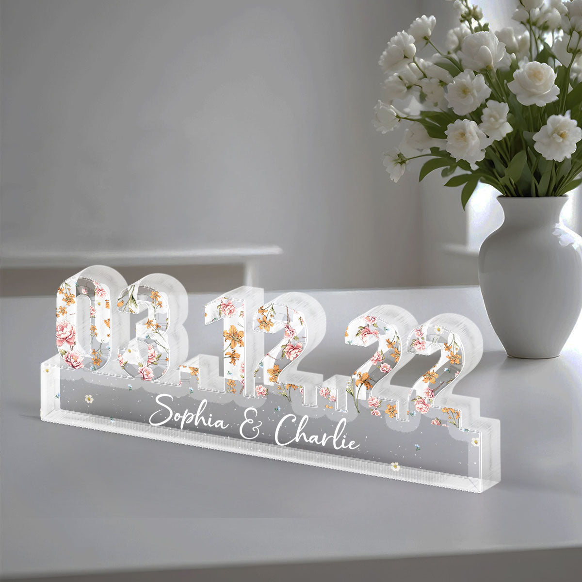 Couple Engagement Wedding Anniversary Special Date Custom Flower Printed Acrylic Block Plaque,  Gift For Her, Gift For Him