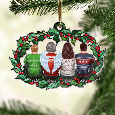 Christmas Family Sitting Back View Holly Branch Personalized Acrylic Ornament, Christmas Gift For Family