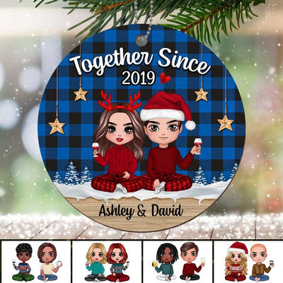 Checkered Pattern Doll Couple Sitting Personalized Wooden Ornament